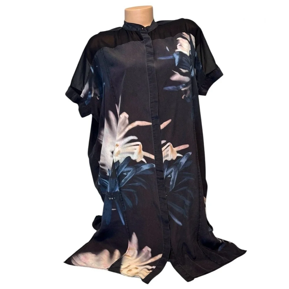 AllSaints Fleet Haze Silk Floral Shirt Dress Black Sheer Yoke Women's US 4 UK 8 - Picture 1 of 9